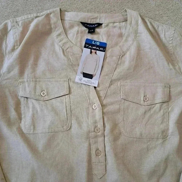 NWT Tahari Long Sleeved Linen Blouse Roll Sleeve Tan Large Popover Style Top - Picture 14 of 16